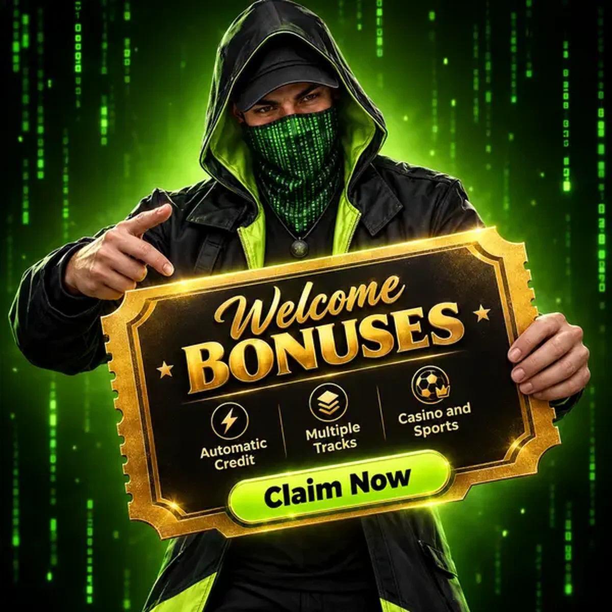 Pelaaja tutkii kultaista tervetuliaisbonus-kuponkia Matrixzinolla Matrix-tyylisen kooditaustan edessä
