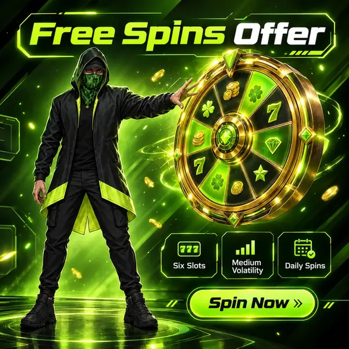 Teknisesti taitava pelaaja pyörittää ilmaiskierroksia varten Eligible Slots for Free Spins neon-pelipyörässä