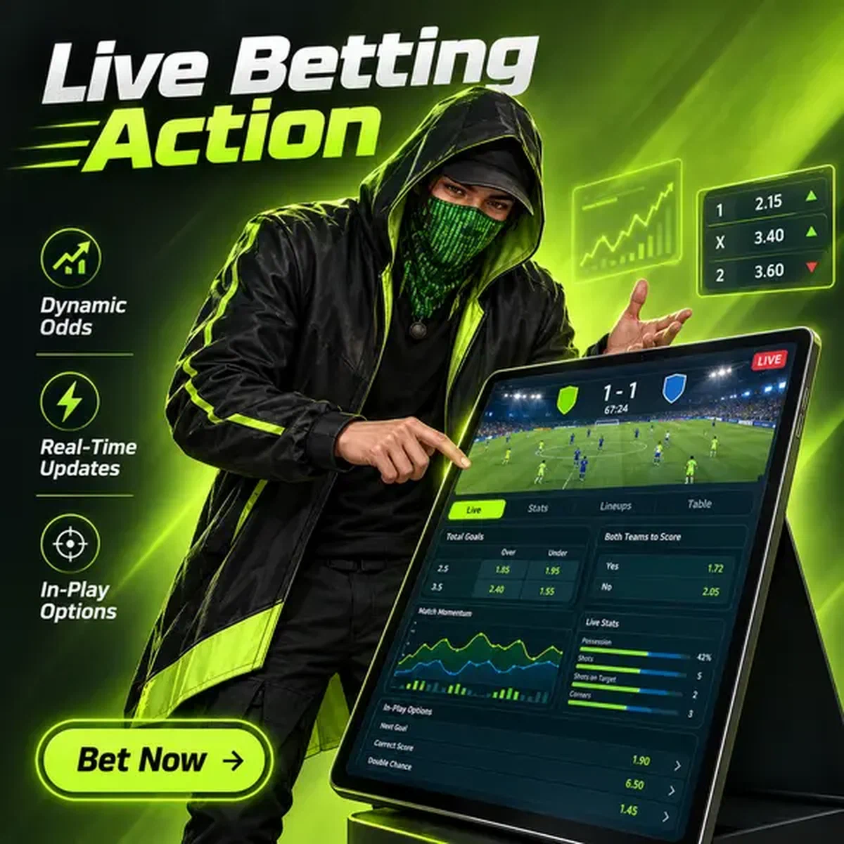 Urheiluvedonlyöntianalyytikko Matrixzino Live Bettingissä tutkii live-ottelutietoja hehkuvalla tabletilla